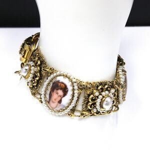 Vintage 1960s Faux Pearl & Victorian Lady Link Bracelet, Gold Tone